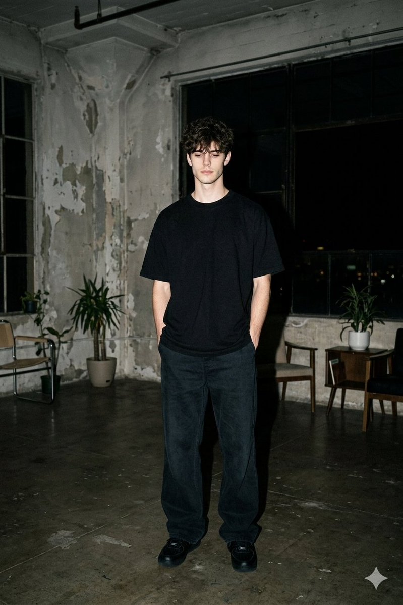 Nighttime Industrial Loft Fashion Shot 35mm Film Aesthetic — generated with Nano Banana Pro
