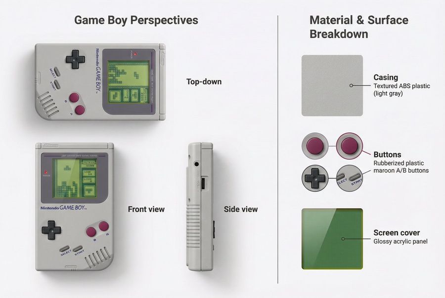 Nintendo Game Boy Product Showcase Infographic With Tetris — Nano Banana Pro image prompt example