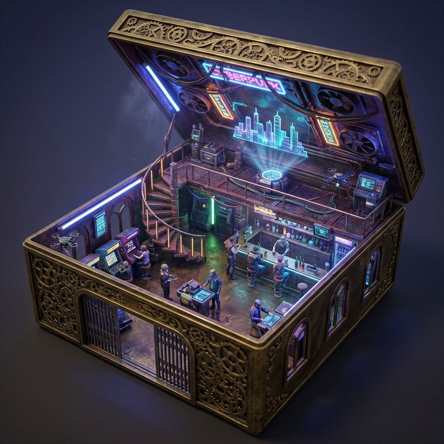 Ornate Box Diorama Prompt Cyberpunk Pub — Nano Banana Pro image prompt example