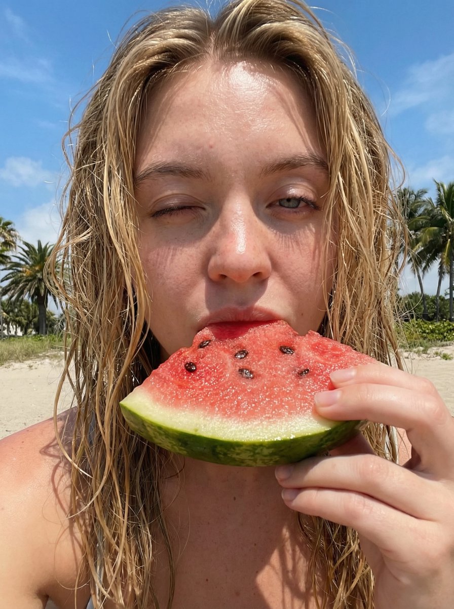 Outdoor Summer Watermelon Selfie Detailed Json — Nano Banana Pro image prompt example