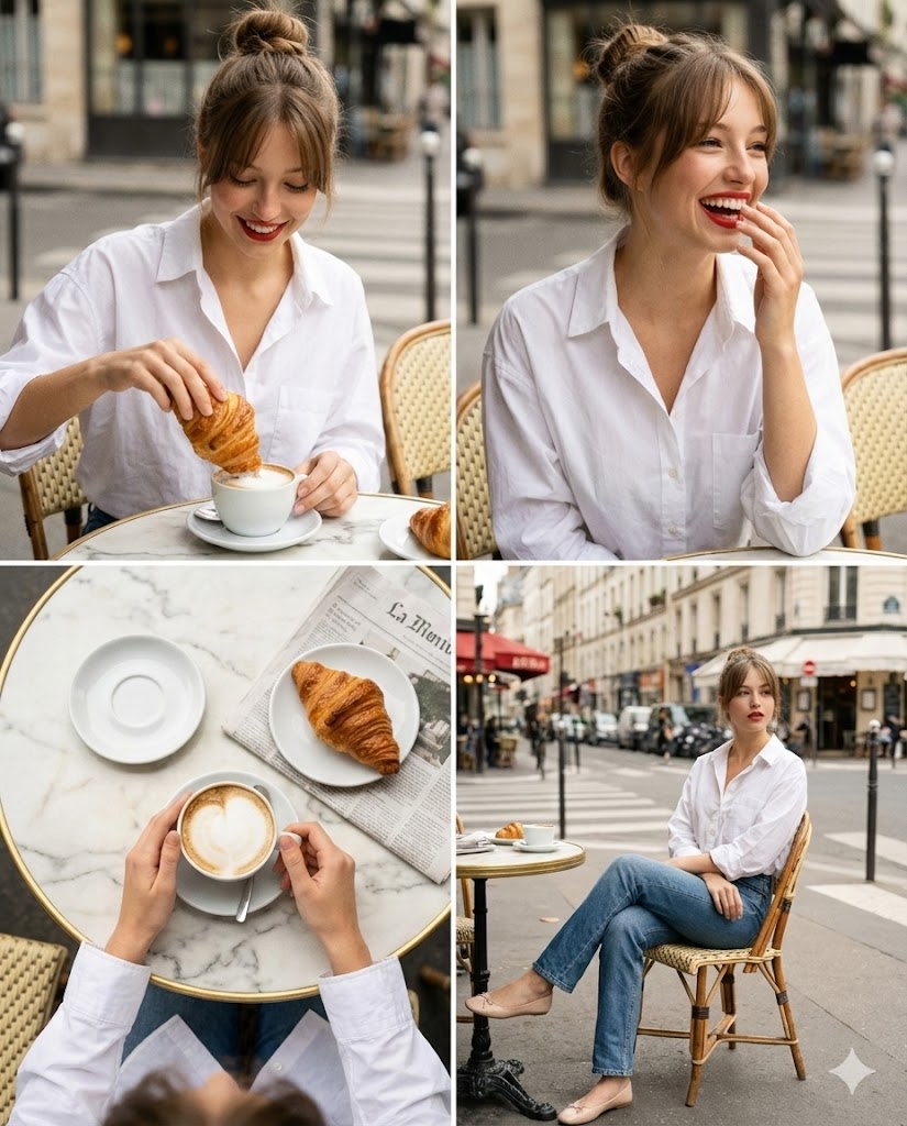 Parisian Cafe Multi Panel Grid For Identity Preservation — Nano Banana Pro image prompt example