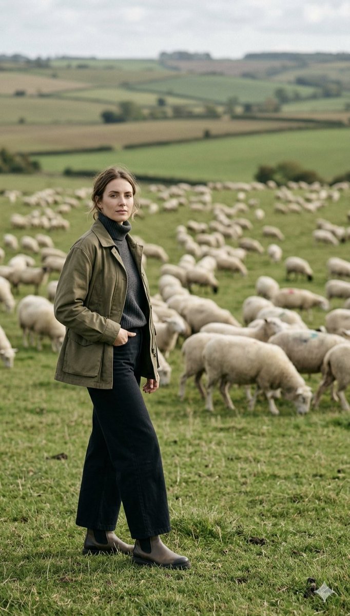 Pastoral Full Body Portrait In Sheep Pasture — Nano Banana Pro image prompt example