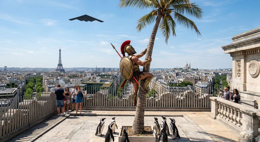 Penguins Vs Coconut Tree Battle — Nano Banana Pro image prompt example