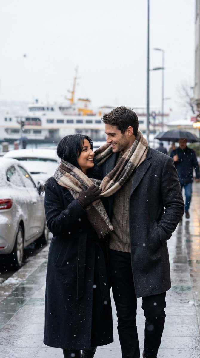 Photoreal Candid Street Romance In Winter Snow — Nano Banana Pro image prompt example
