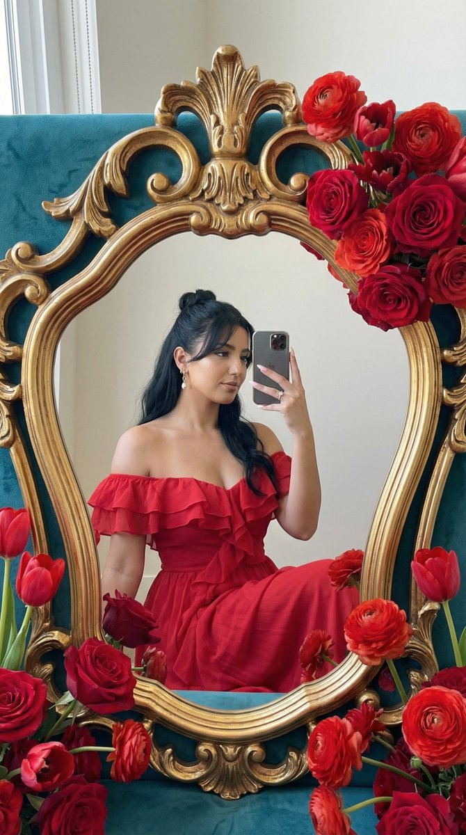 Photoreal Editorial Mirror Selfie With Floral Frame — Nano Banana Pro image prompt example