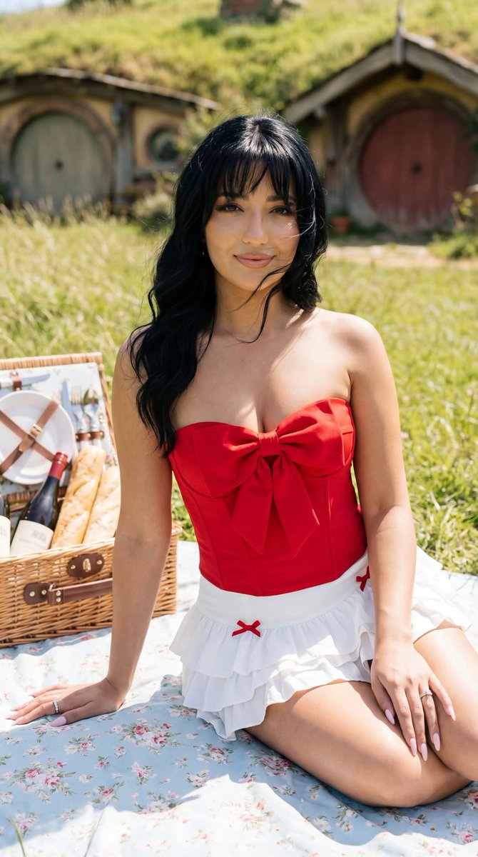 Photoreal Picnic Portrait Near Hobbit Cottages — Nano Banana Pro image prompt example