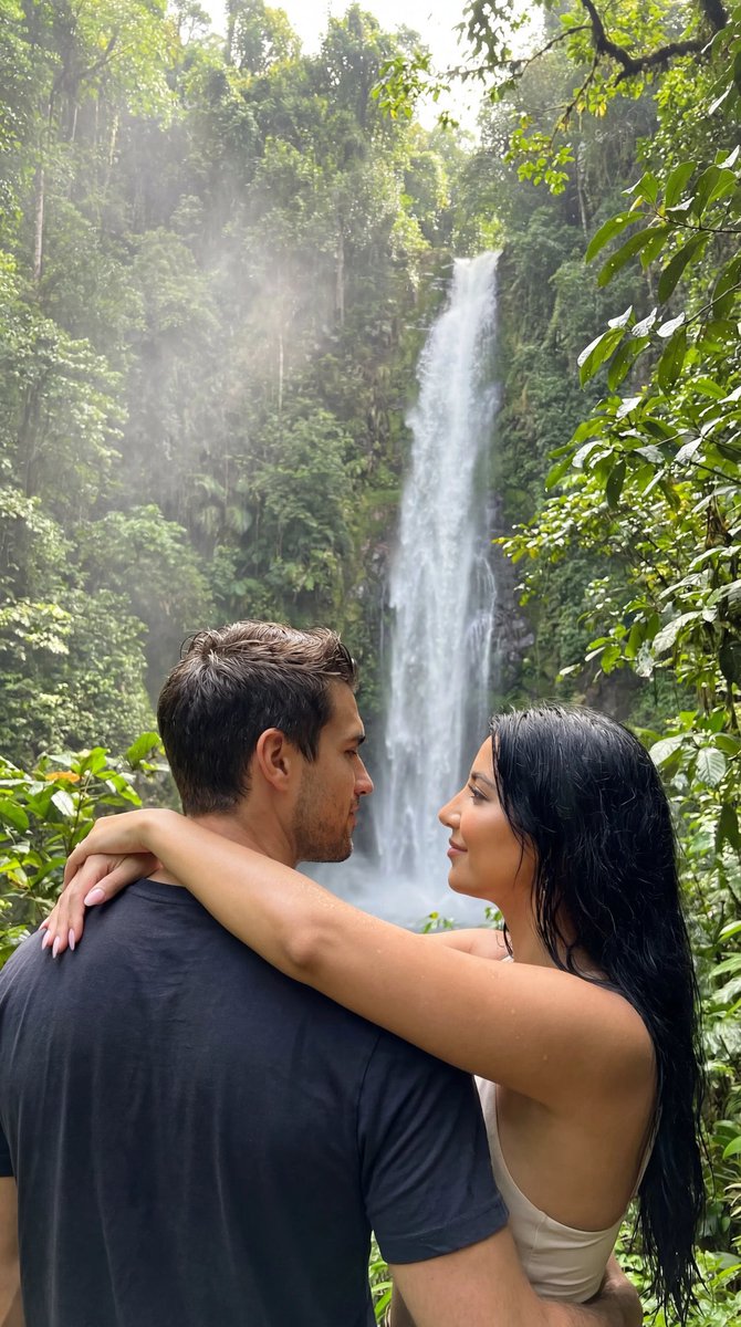 Photoreal Tropical Waterfall Embrace — Nano Banana Pro image prompt example