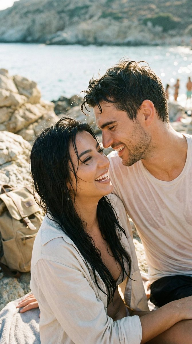Photorealistic Candid Travel Romance Film Still — Nano Banana Pro image prompt example