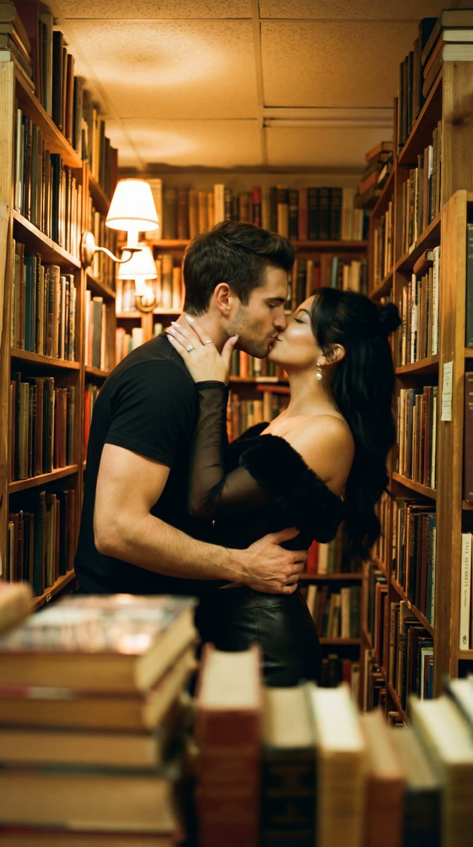 Photorealistic Cinematic Kiss In A Cozy Bookstore Aisle — Nano Banana Pro image prompt example