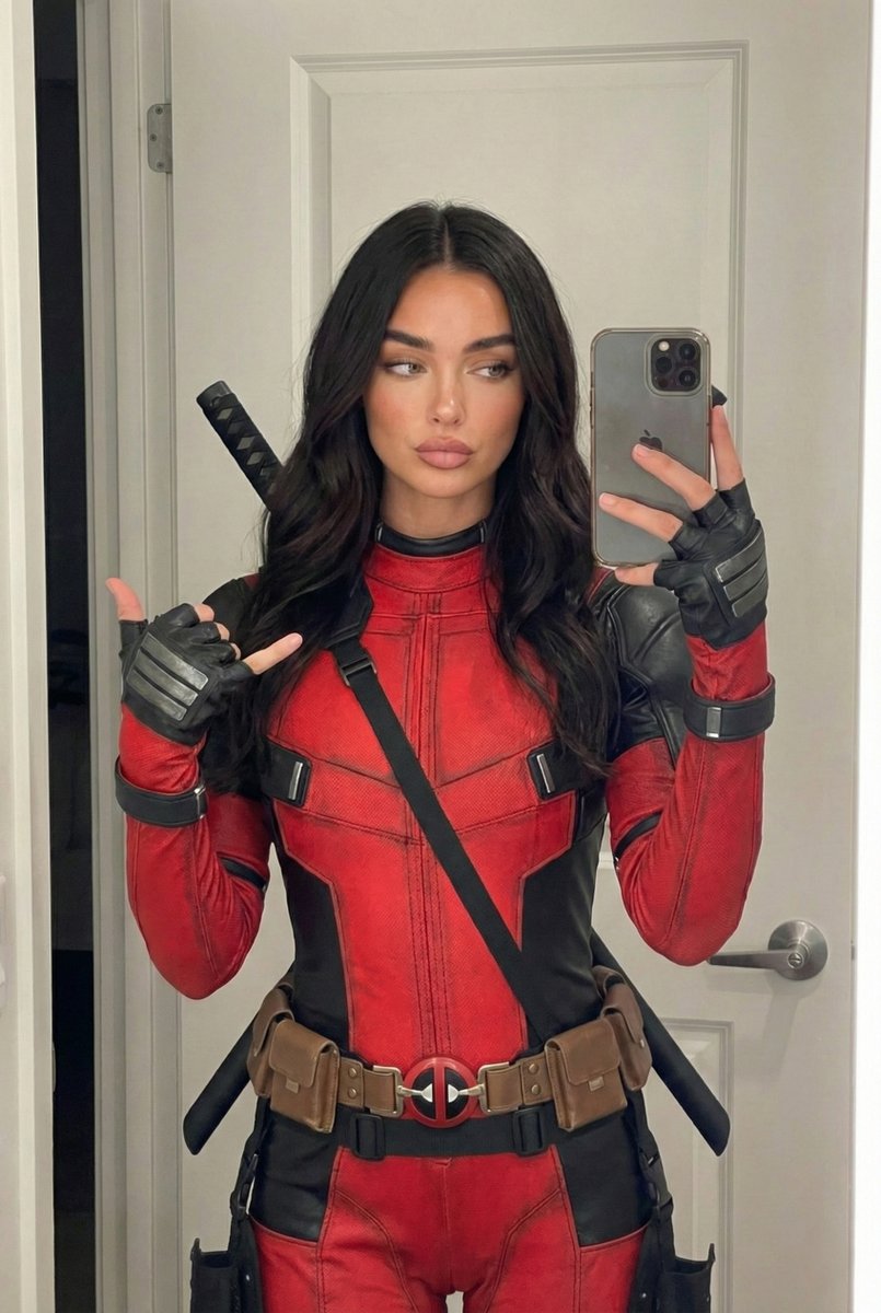 Photorealistic Deadpool Cosplay Mirror Selfie — Nano Banana Pro image prompt example