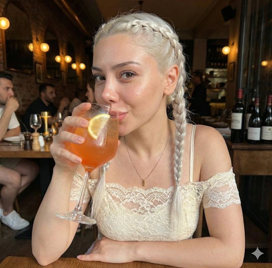 Photorealistic Intimate Portrait Of A Woman Drinking A Cocktail — Nano Banana Pro image prompt example