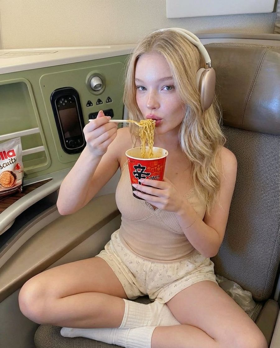 Photorealistic Lifestyle Photo Of A Woman Eating Noodles On A Train — generated with Nano Banana Pro