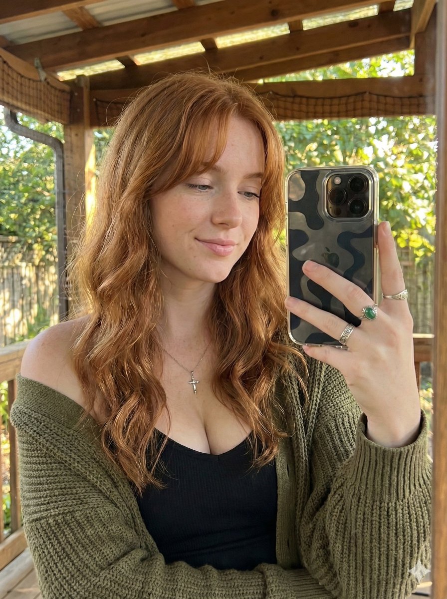 Photorealistic Mirror Selfie With Copper Hair — Nano Banana Pro image prompt example