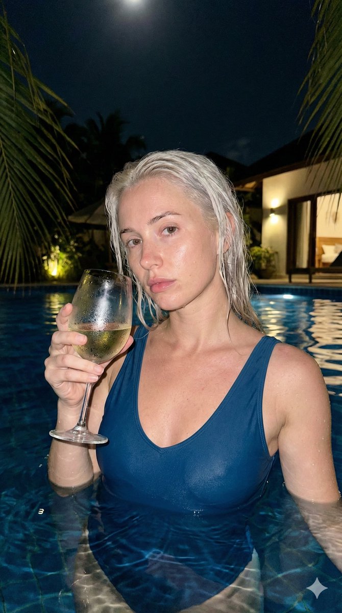 Photorealistic Night Pool Candid With Wet Hair And Wine Glass — Nano Banana Pro image prompt example