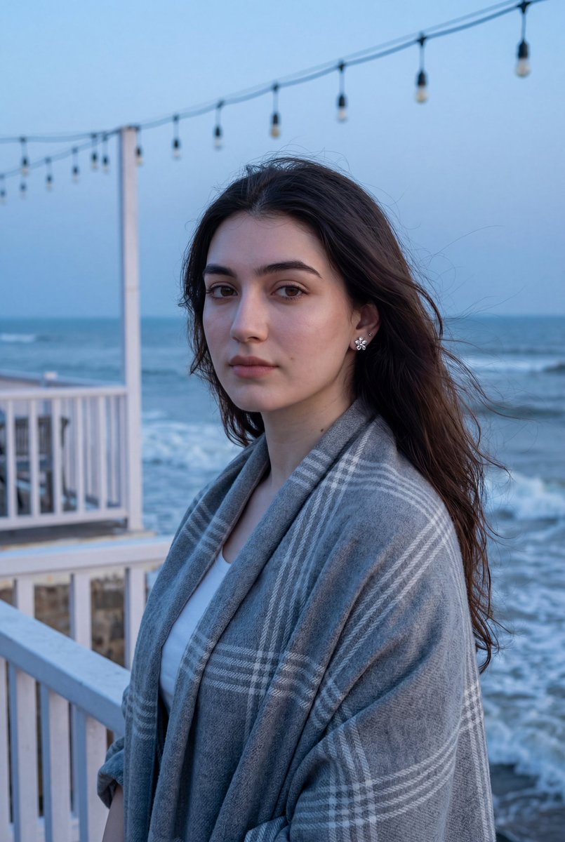 Photorealistic Portrait Of A Woman On A Seaside Terrace At Blue Hour — Nano Banana Pro image prompt example
