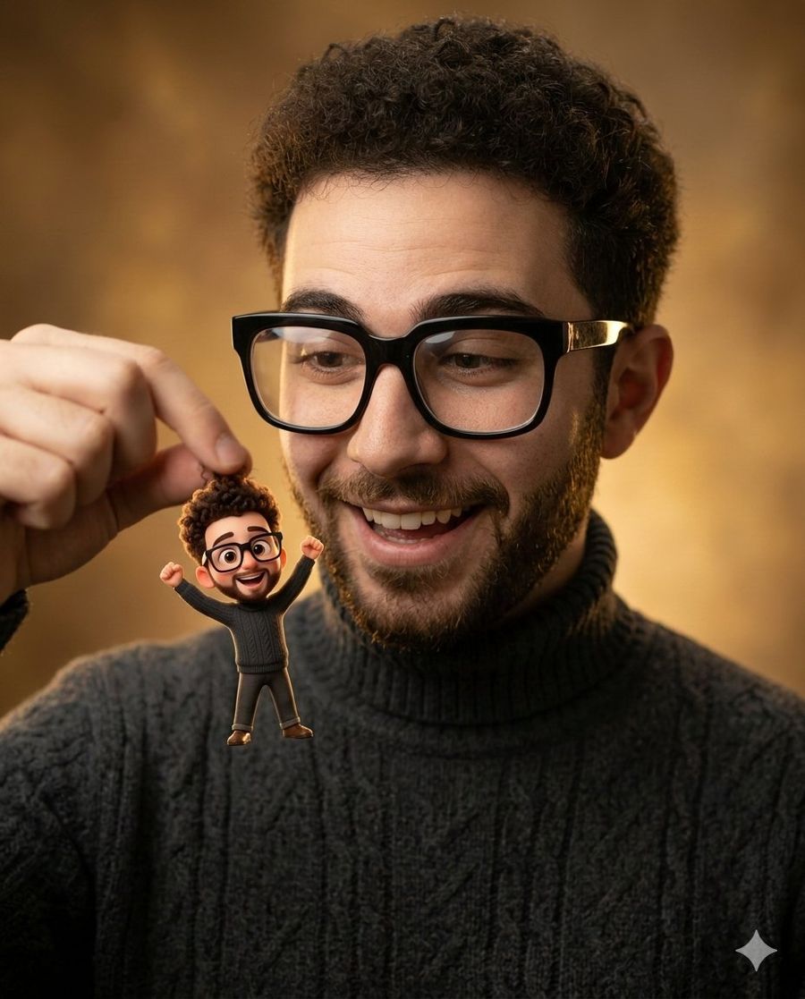 Photorealistic Subject Holding Miniature Cartoon Self — Nano Banana Pro image prompt example
