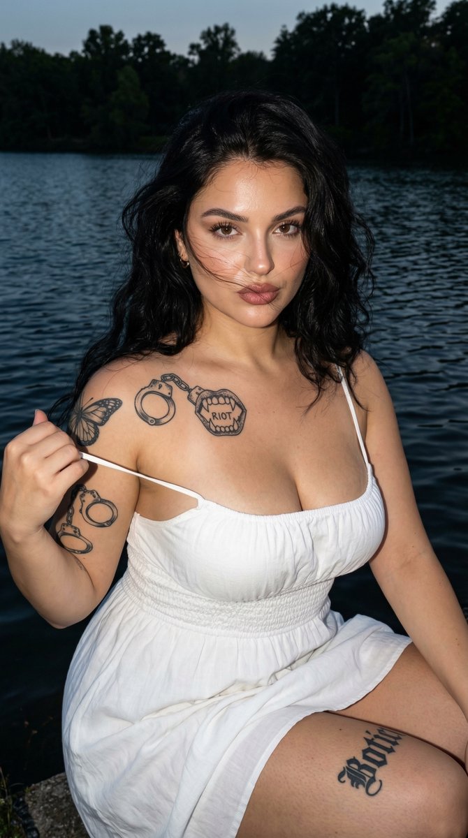 Photorealistic Tattooed Woman By Lake At Dusk — Nano Banana Pro image prompt example