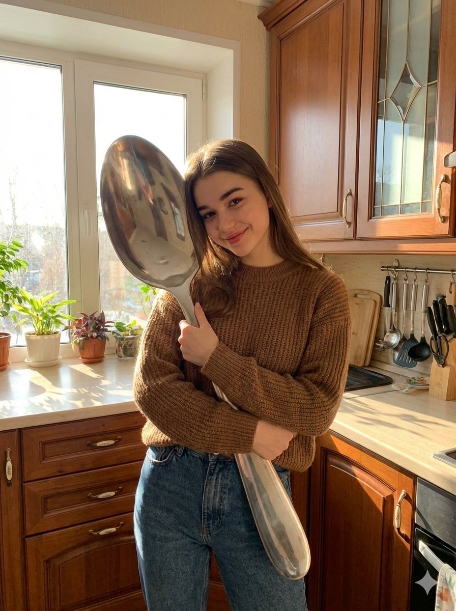 Photorealistic Woman Hugging Giant Spoon In Kitchen Prompt — Nano Banana Pro image prompt example