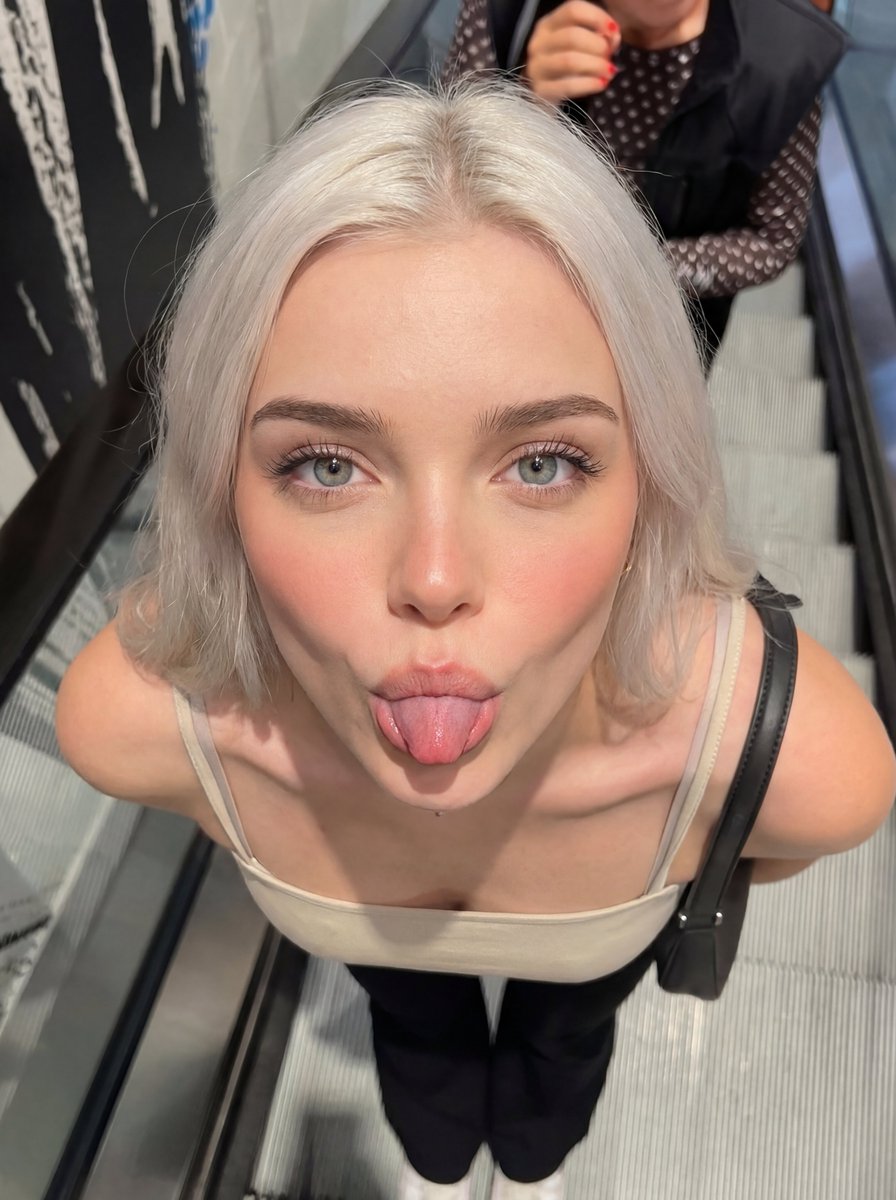 Playful Escalator Selfie Portrait — Nano Banana Pro image prompt example