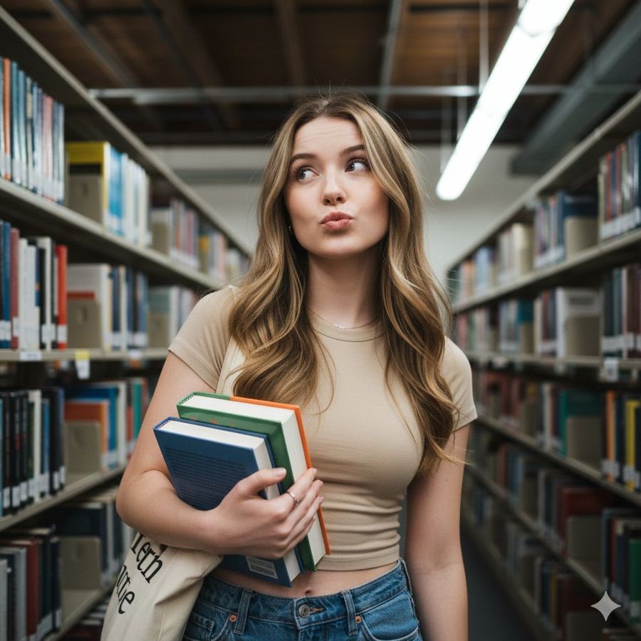 Playful Library Portrait With Books — Nano Banana Pro image prompt example