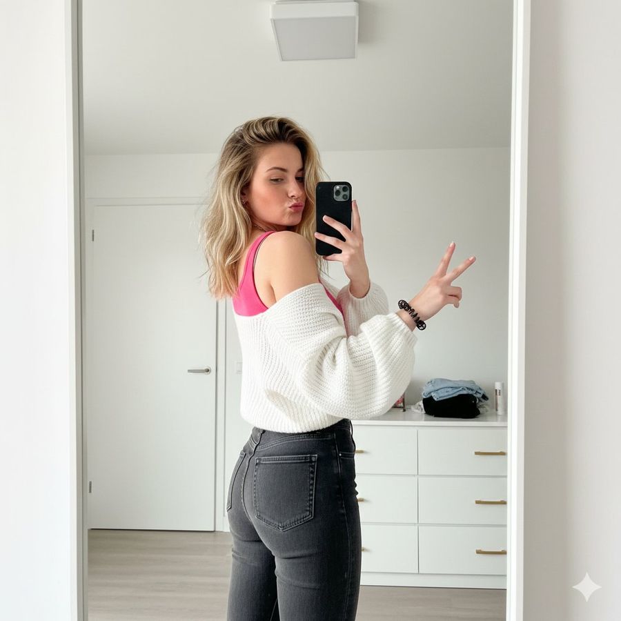 Playful Mirror Selfie With Peace Sign — Nano Banana Pro image prompt example