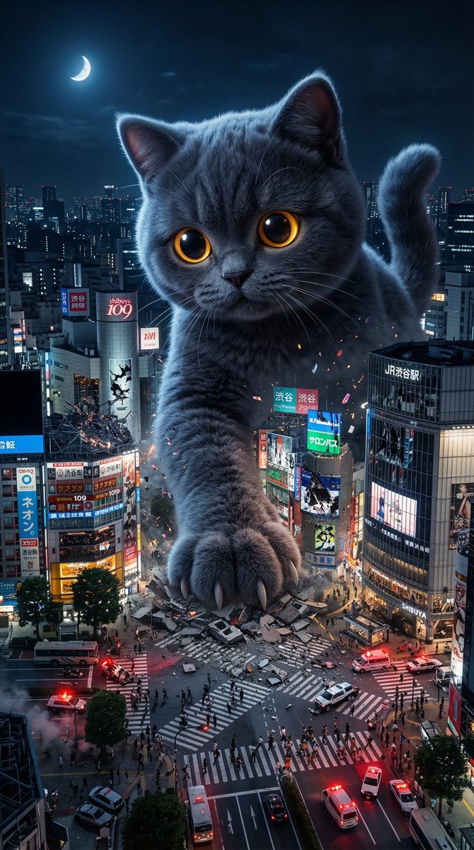 Plush Kaiju Cat Smashing Tokyo — Nano Banana Pro image prompt example