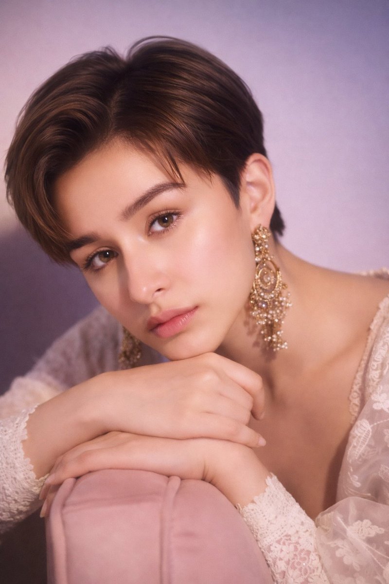 Portrait Of Shraddha Kapoor With Pixie Cut And Jhumka Earrings — Nano Banana Pro image prompt example