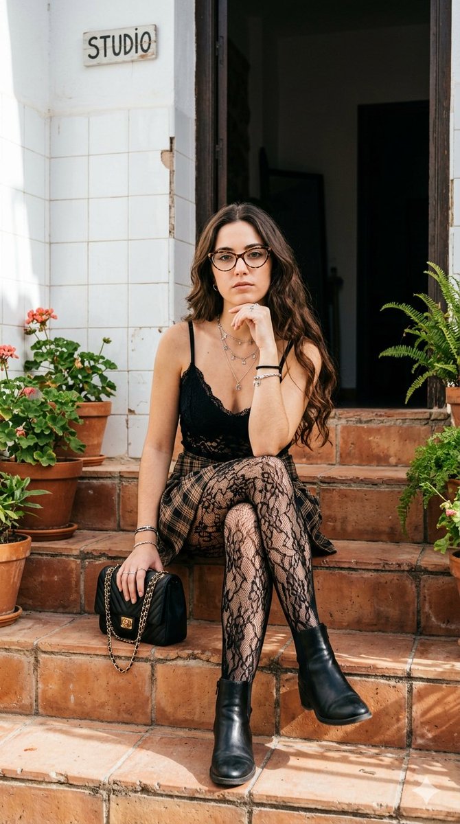 Portrait Of Woman On Steps With Detailed Outfit — Nano Banana Pro image prompt example