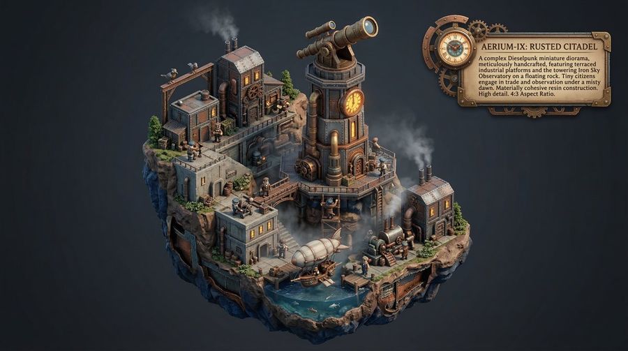 Procedural Whimsical Mono Punk Floating Miniature Diorama Prompt — Nano Banana Pro image prompt example