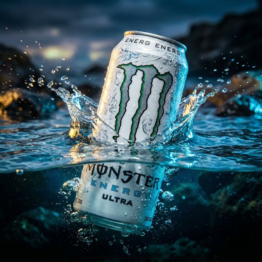 Product Ad White Monster Energy Can Submerged In Water — Nano Banana Pro image prompt example