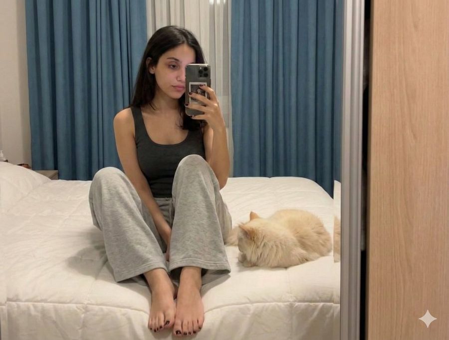 Prompt Candid Mirror Selfie With Cat — Nano Banana Pro image prompt example