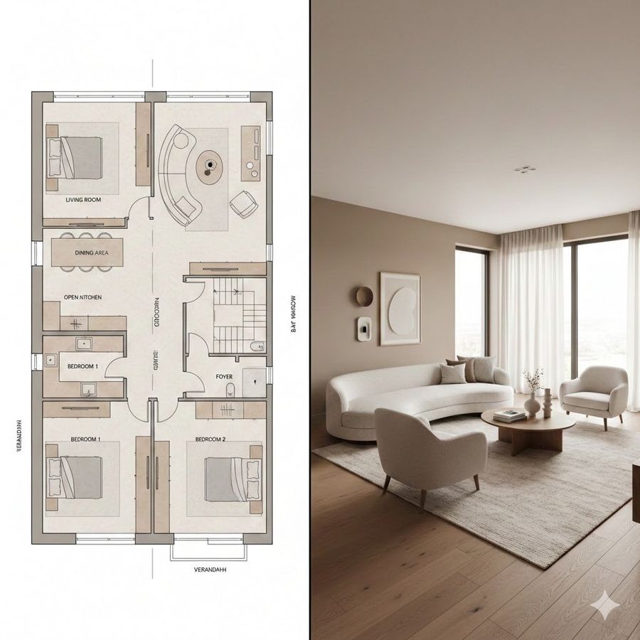 Prompt For Generating Architectural Floor Plan And Photorealistic Interior Comparison — Nano Banana Pro image prompt example