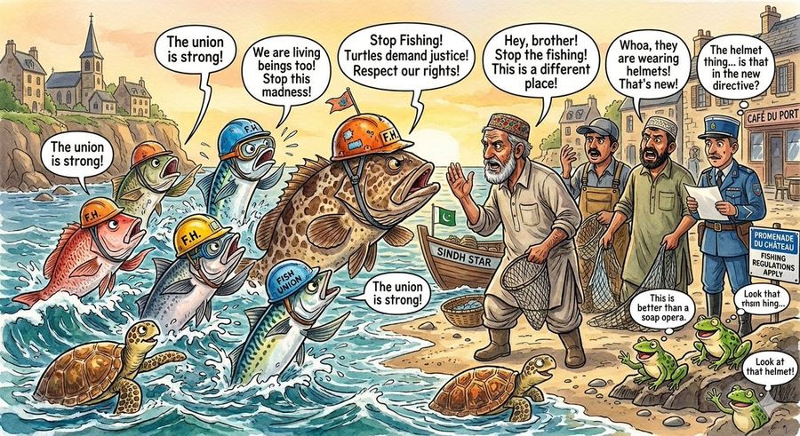 Protesting Fish On A French Seaside — Nano Banana Pro image prompt example