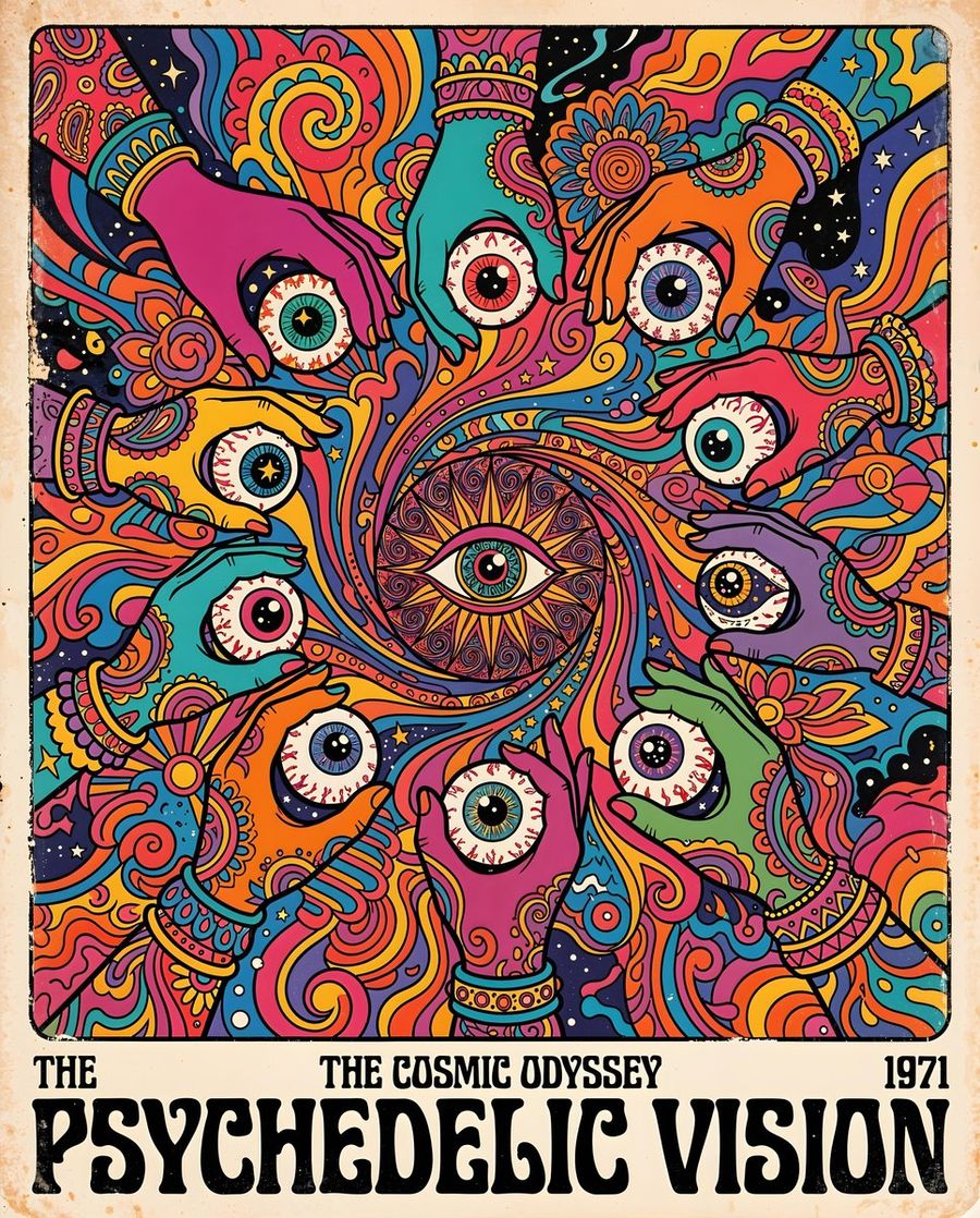 Psychedelic Hands Eyeballs Illustration — Nano Banana Pro image prompt example