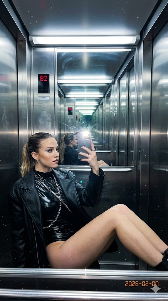 Raw Flash Mirror Selfie In Mirrored Elevator — Nano Banana Pro image prompt example