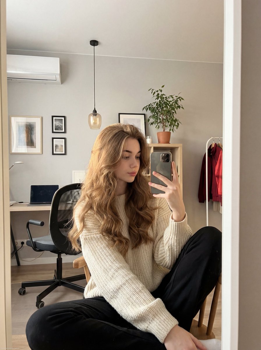 Realistic Mirror Selfie Of A Young Woman In A Cozy Cream Sweater — Nano Banana Pro image prompt example
