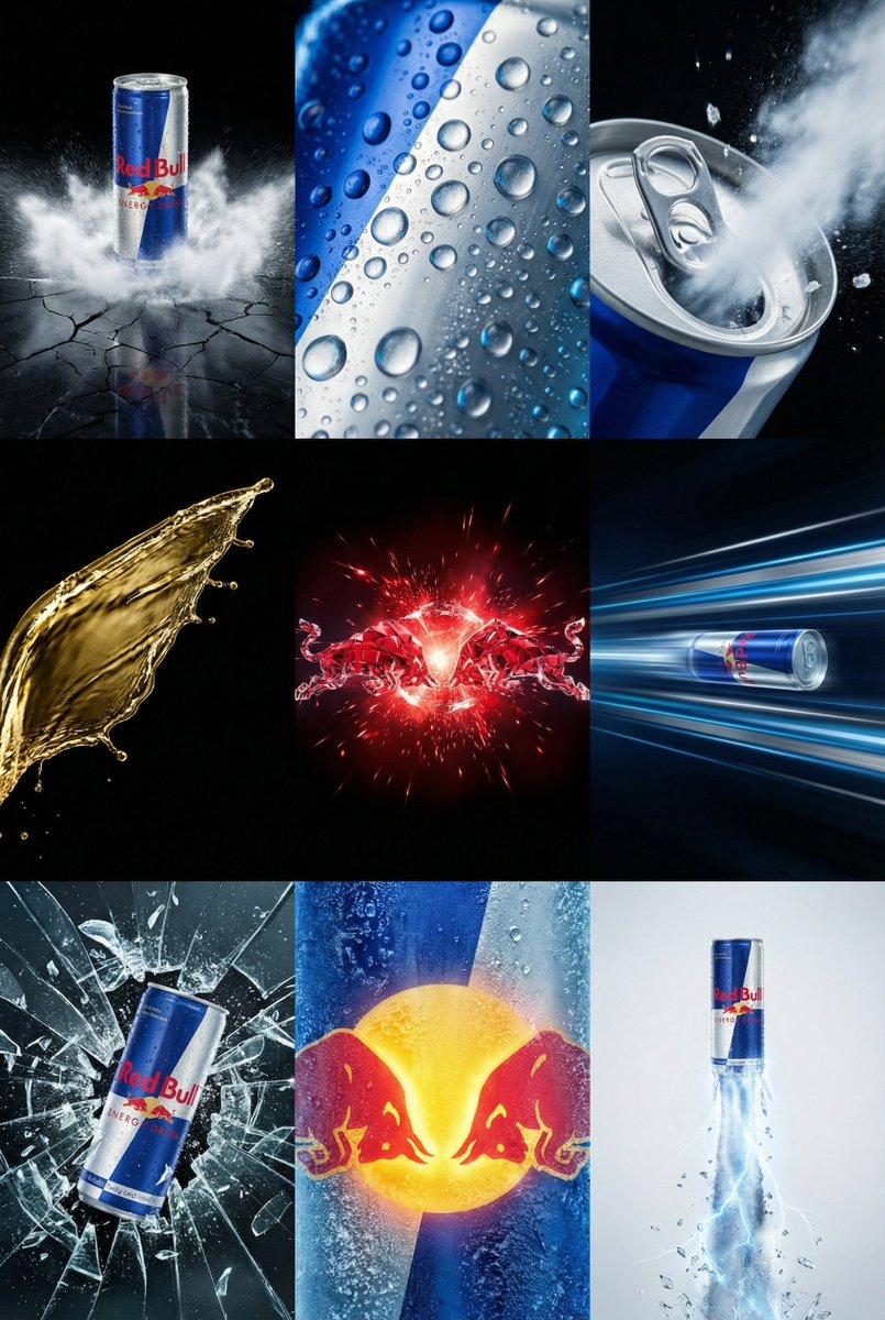 Red Bull Commercial Grid Collage Prompt Json — Nano Banana Pro image prompt example