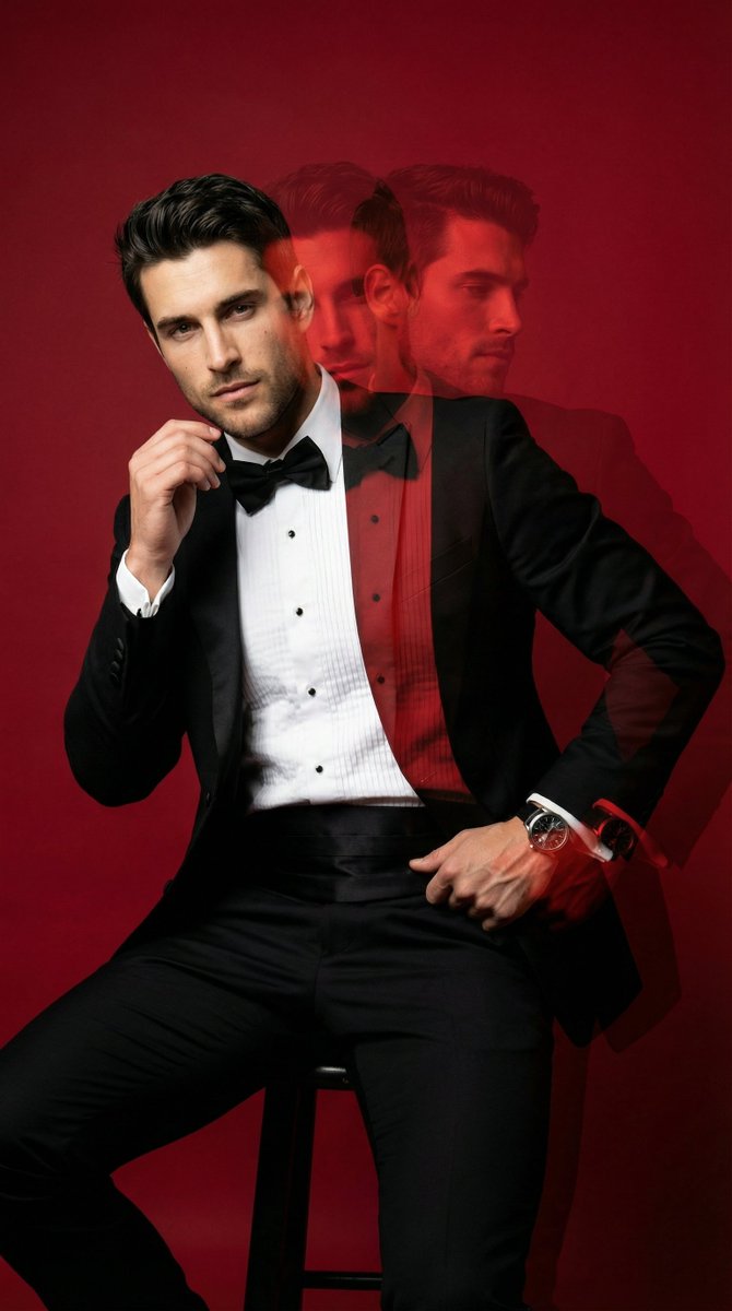 Red Studio Fashion Editorial With Motion Echo Effect — Nano Banana Pro image prompt example