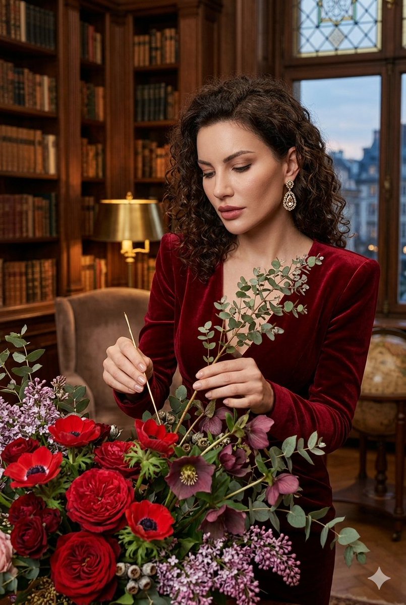 Red Velvet Dress Library Florist — Nano Banana Pro image prompt example