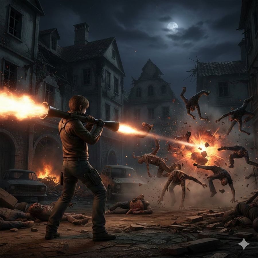 Resident Evil Rocket Launcher Action Scene — Nano Banana Pro image prompt example