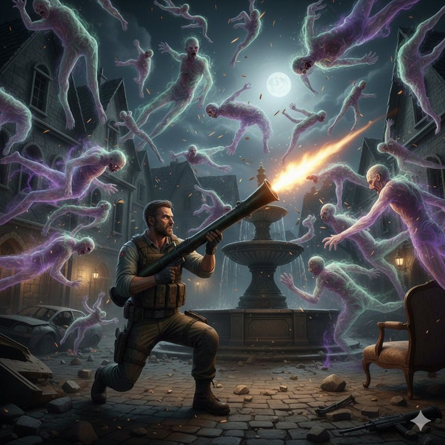 Resident Evil Rocket Launcher With Ethereal Mobs — Nano Banana Pro image prompt example