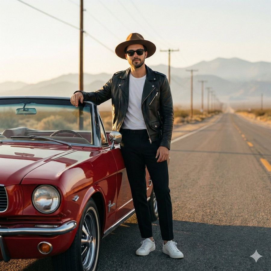 Retro Americana Fashion Portrait With Vintage Car — Nano Banana Pro image prompt example
