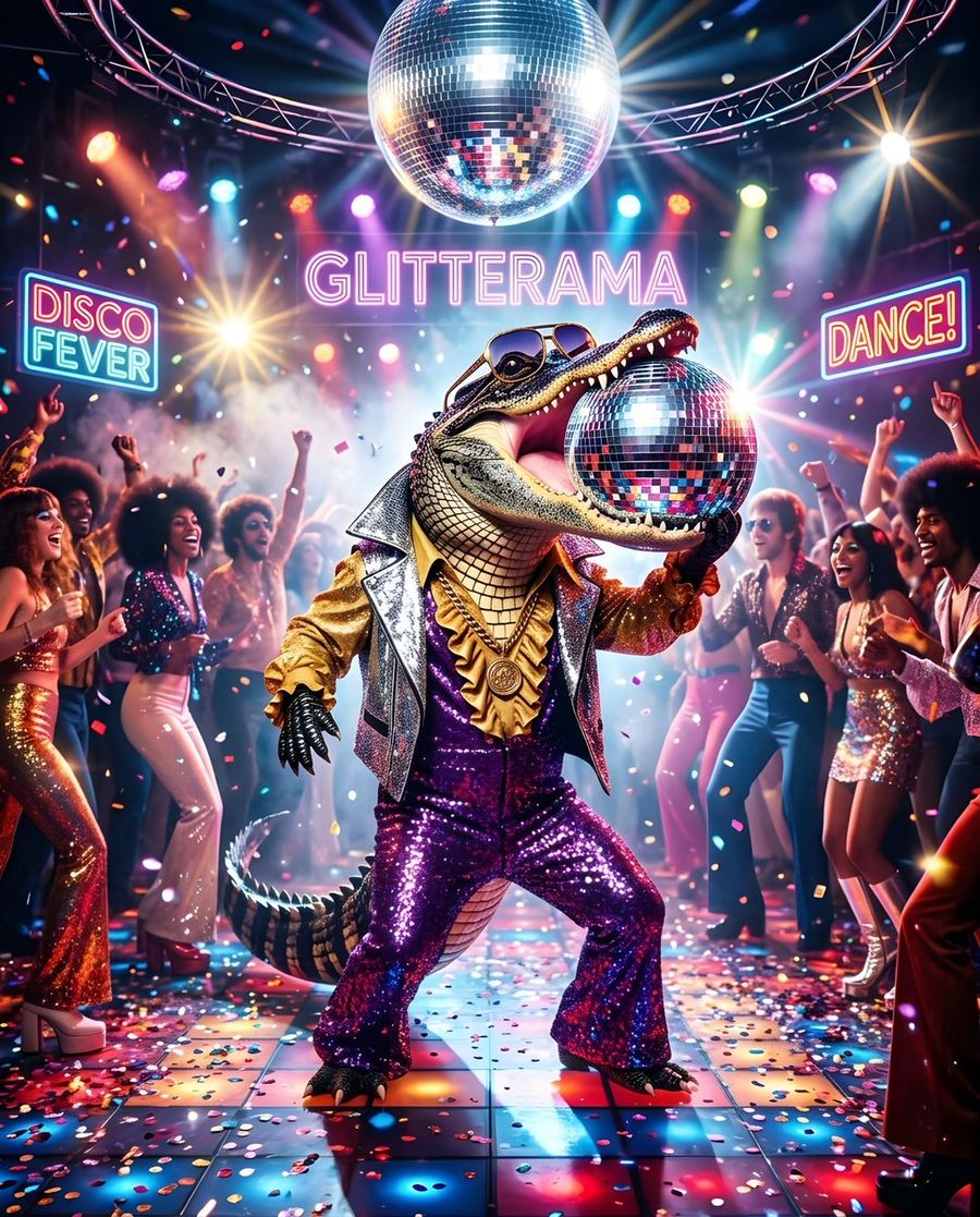 Retro Disco Alligator Glam — Nano Banana Pro image prompt example