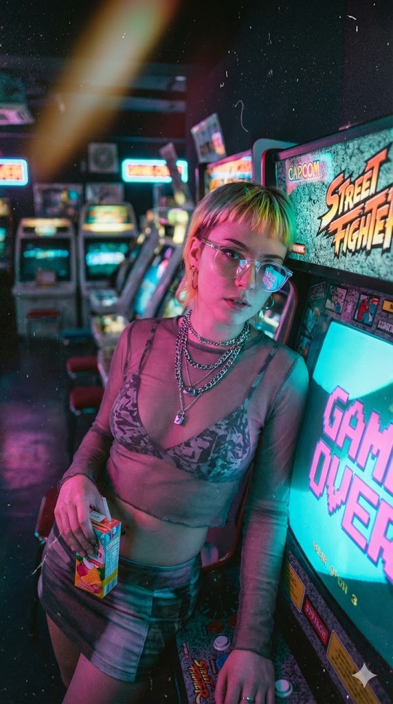 Retro Futuristic Arcade Photography Portrait — Nano Banana Pro image prompt example