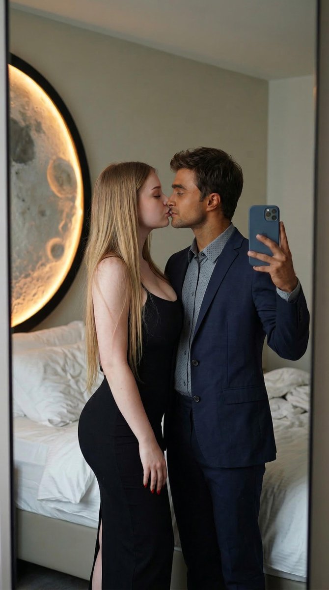 Romantic Couple Mirror Selfie Kiss — Nano Banana Pro image prompt example