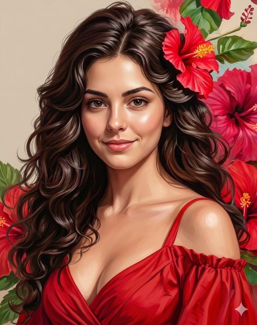 Romantic Digital Portrait With Hibiscus — Nano Banana Pro image prompt example