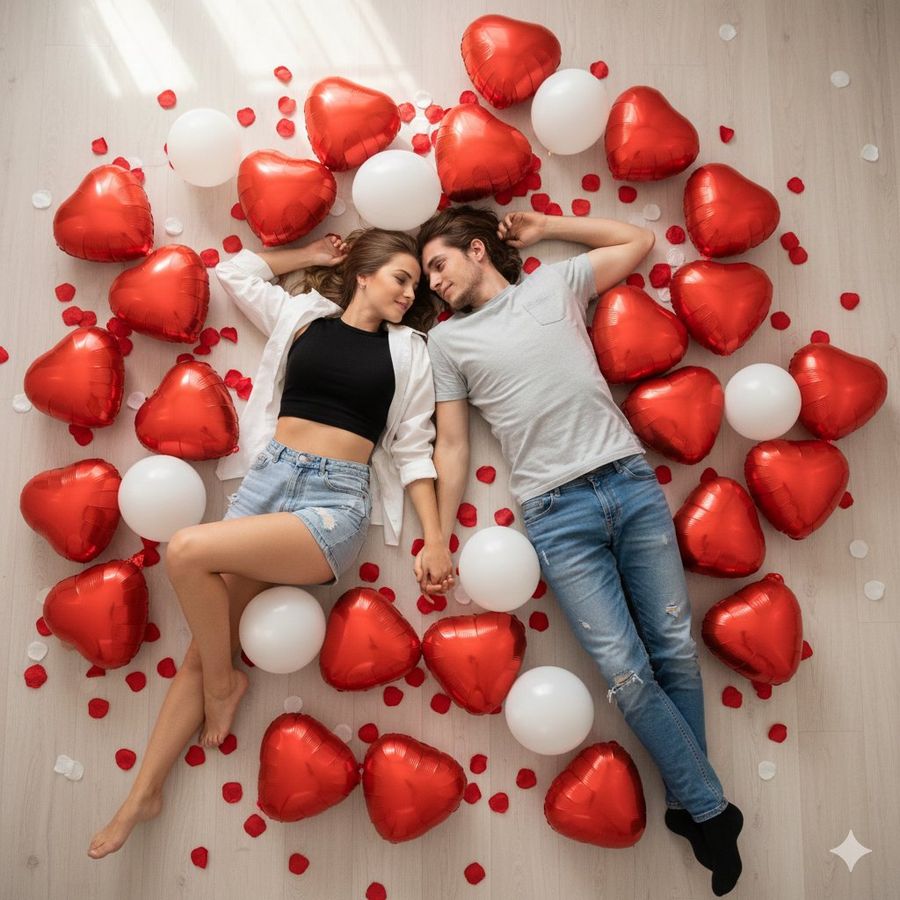 Romantic Overhead Shot With Heart Balloons — Nano Banana Pro image prompt example