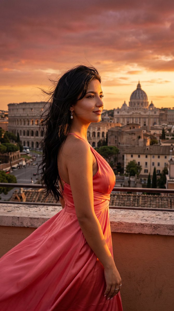 Rome Skyline Sunset Cinematic Portrait — Nano Banana Pro image prompt example