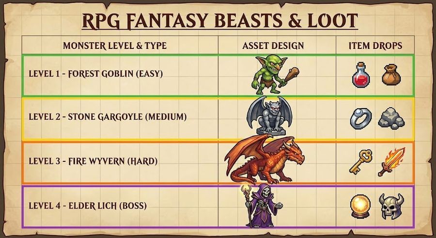 Rpg Game Asset Sheet For Monsters — Nano Banana Pro image prompt example
