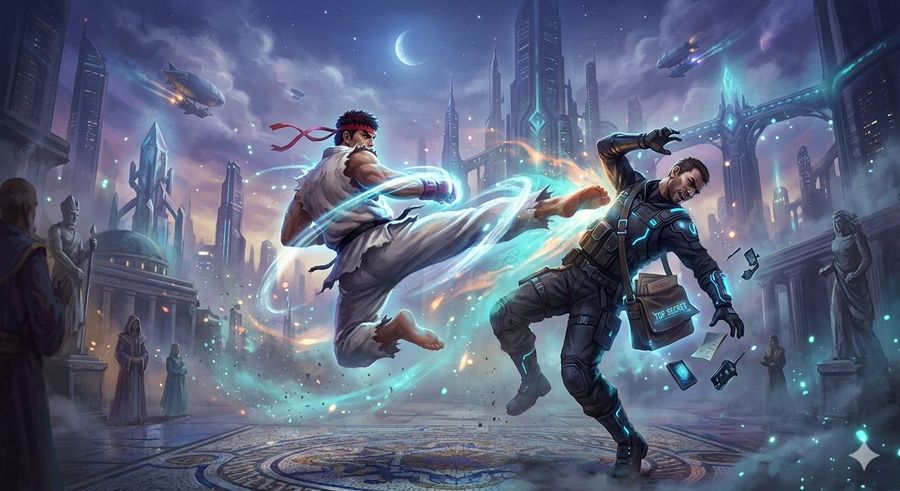 Ryu Performing Tatsumaki Senpukyaku On A Spy In Final Fantasy Style — Nano Banana Pro image prompt example